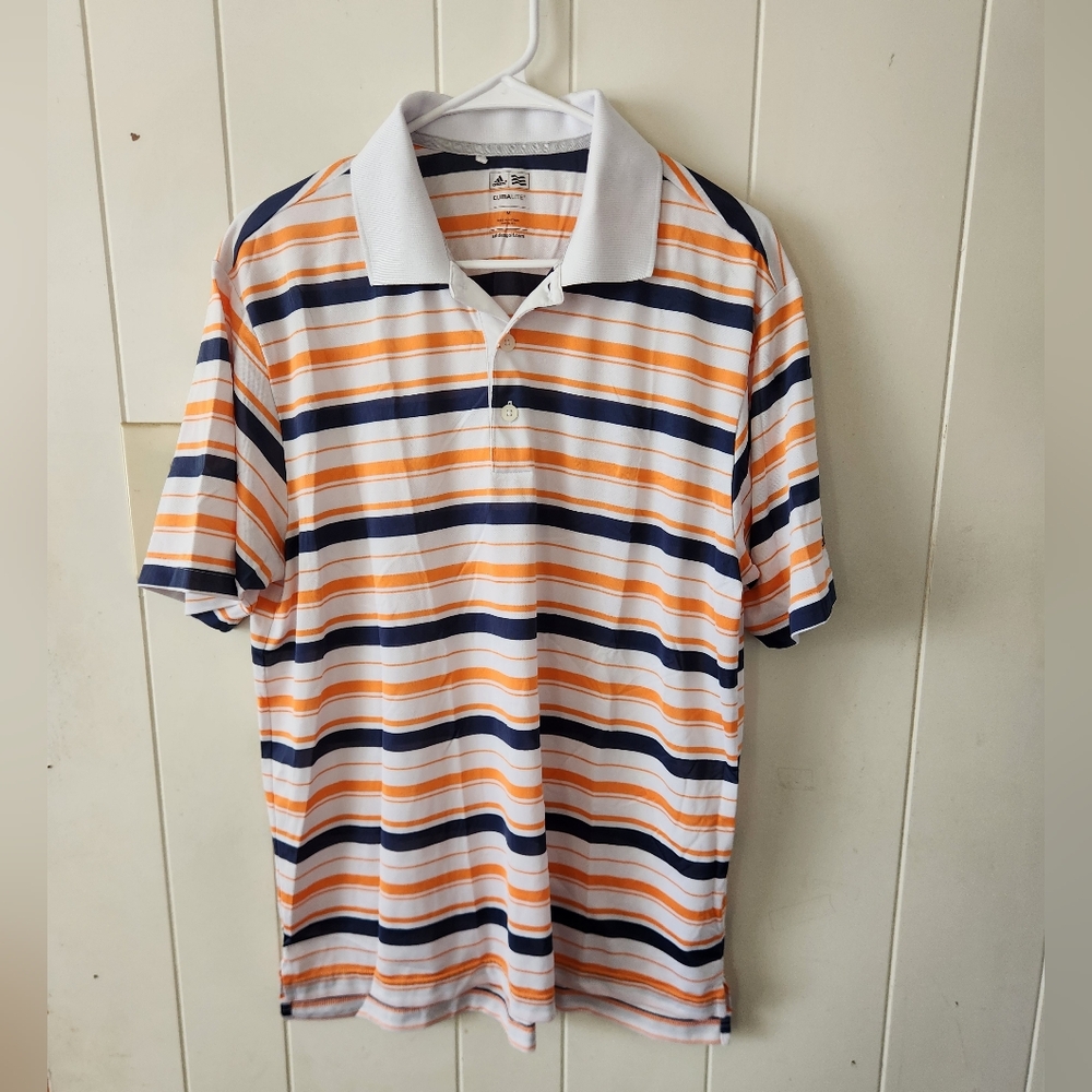 Adidas Men's Polo Shirt Orange, Navy, White Striped Size M
